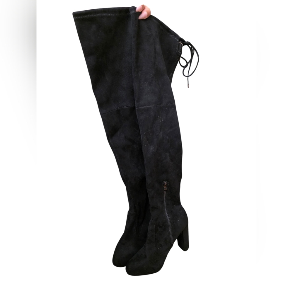 Black Faux Suede Over-the-Knee Thigh High Heeled Boots - Picture 3 of 3